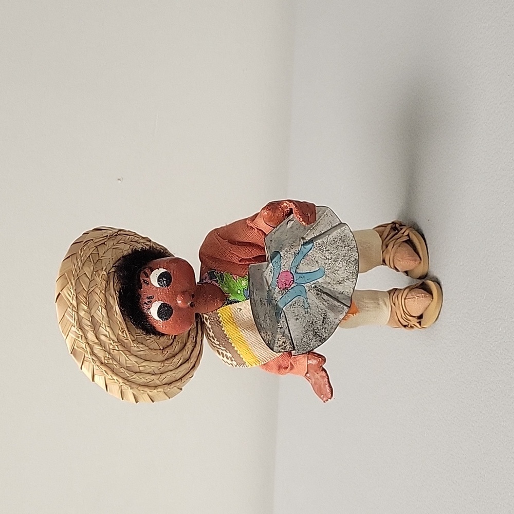 Vintage Mexican Folk Art Oil Cloth Doll Holding A Metal Plate